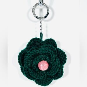 Green Crochet Flower Bag Charm with Pink Bead Center